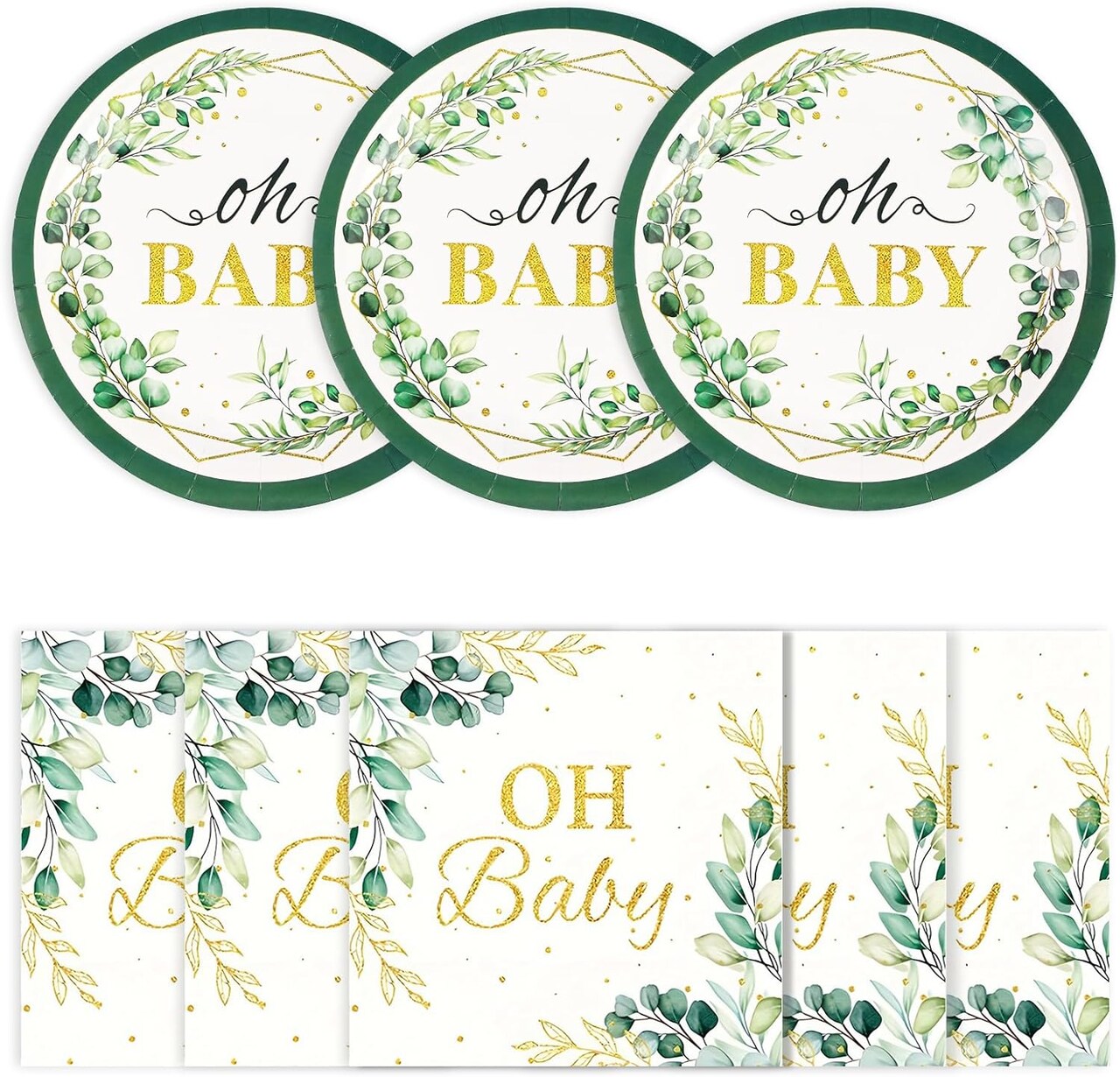 40pc Sage Green "Oh Baby" Plates & Napkins Set (Serves 20) - Elegant Eucalyptus Greenery Disposable Tableware - 9" Paper Plates & 13" Napkins for Gender Reveal, Baby Shower & Boho Birthday Decor